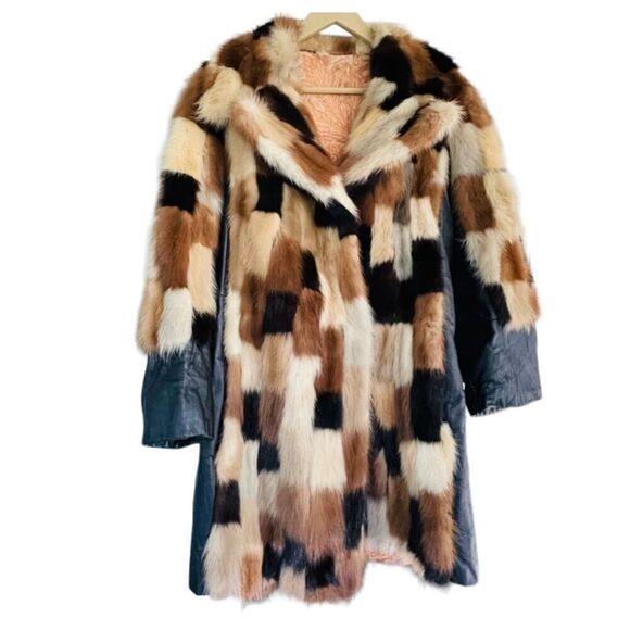 FUR COAT Genuine Y2K Vintage Rabbit Fur Leather Patchwork Long Belted Winter Coa